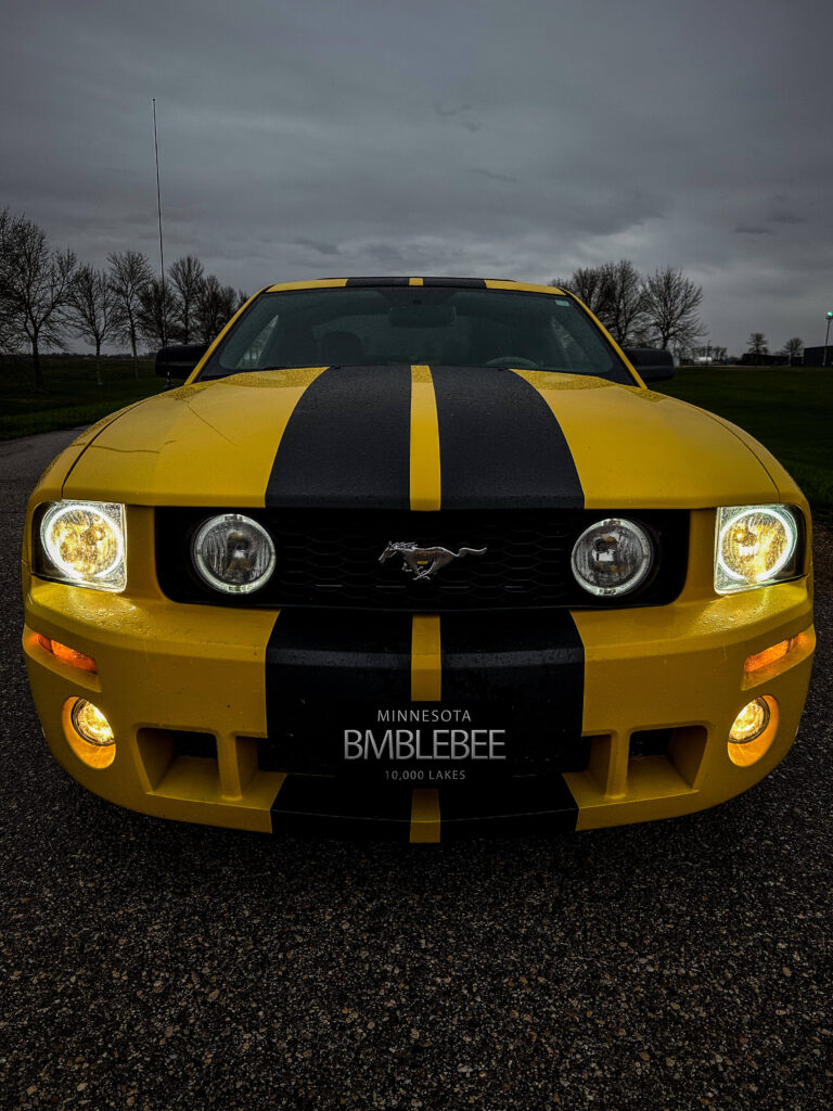 "Bumblebee" Ford Mustang front shot "BMBLEBEE" black mn license plate design