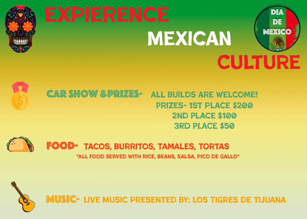 "Dia De Mexico" Event Poster 2 food, car show, prizes and music